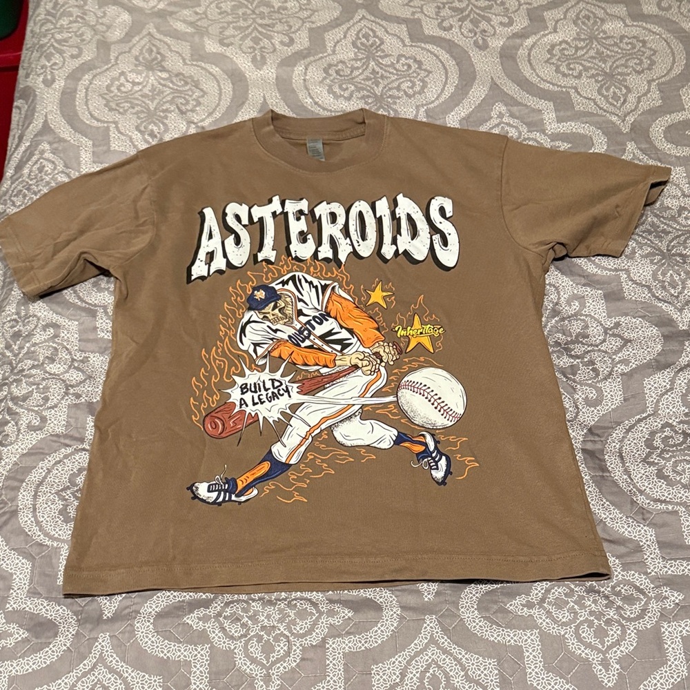 Asteroids Graphic Baseball Tee in Brown with Orange & White Print
